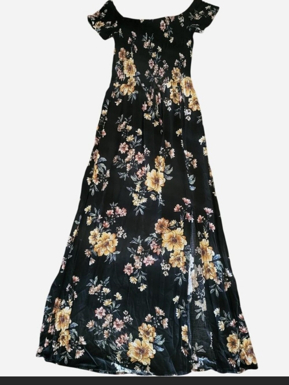 Black floral maxi dress with yellow, pink, and white flowers